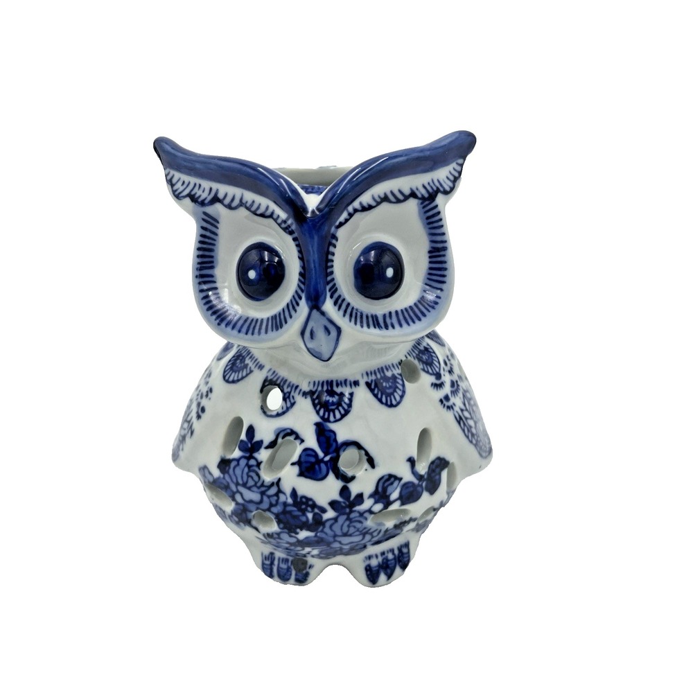 Blue & White Porcelain Owl Candle Holder Votive‎ or Tea-lite Figural Chinoiserie